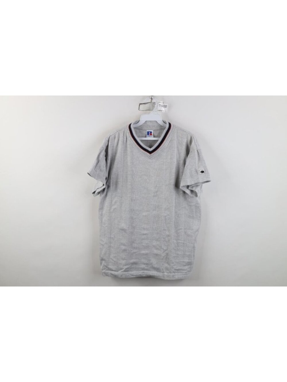 Vintage 90s Russell Athletic Striped V-Neck T-Shirt Mens Size M Heather Gray